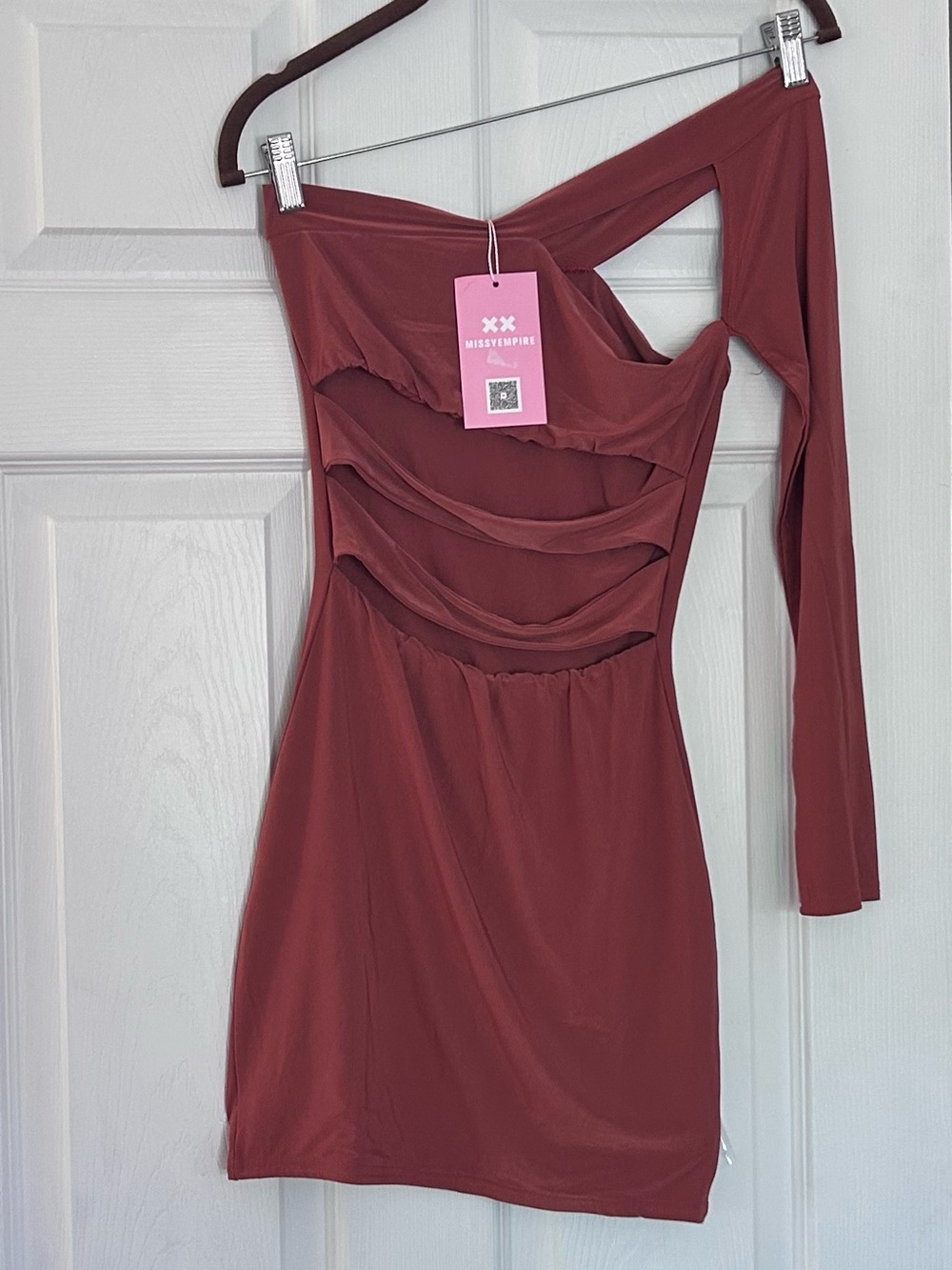 Missy Empire x Aaliyah Ceilia Mini Dress Cut Out One Shoulder Rust Size 2 NEW